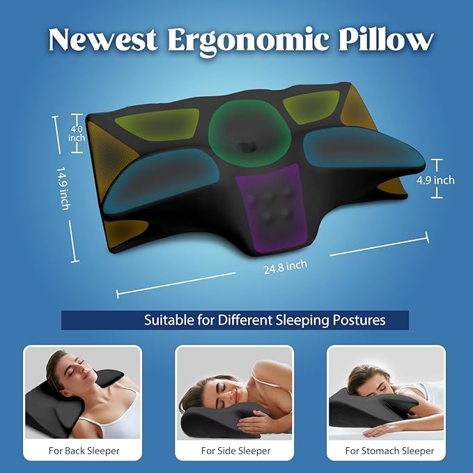 Cervical Pillow for Neck Pain Relief, Cooling Contour Memory Foam Pillows Support Odorless Ergonomic Neck Pillow Adjustable Orthopedic Bed Pillow for Side Back Stomach Sleeper,Black