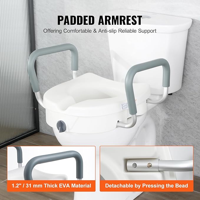 VEVOR Raised Toilet Seat, 5" Height Raised, 350 lbs Weight Capacity, for Round and Elongated Toilet, Twist Lock Installation,19.1" - 21.7" Adjustable Width, for Elderly, Handicap, Patient, Pregnant, M