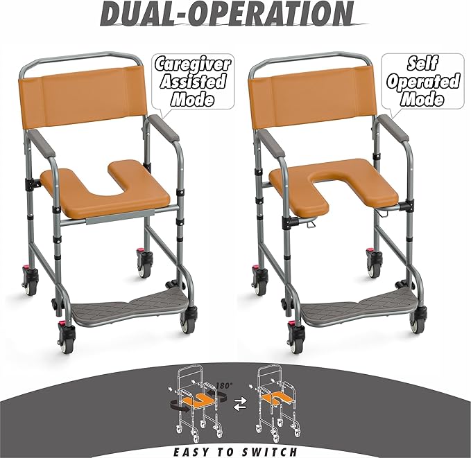 Shower Chair with Wheels, Two Modes Bedside Commode with Wheels, Aluminum Shower Wheelchair with Footrest, Portable Toilet with Bucket for Elderly and Disabled, 300 LBS Weight Capacity