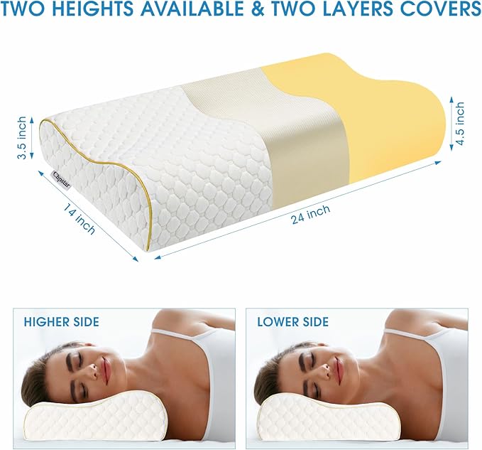 Memory Foam Pillows, Cervical Neck Side Sleeper Pillow, Bed Contour Pillow for Sleeping, Ergonomic Orthopedic Pillow for Back Stomach Sleeper, Queen,Gold