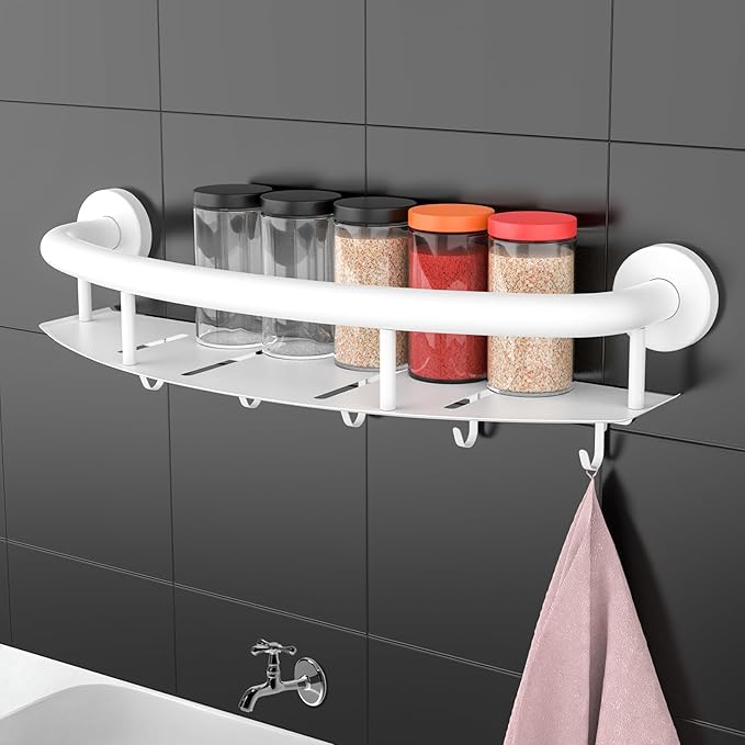White 18-inch Safety Grab Bar with Storage Shelf for Bathtub or Shower, Drainage Holes, Stainless Steel, Wall Mounted Grab Bars for Elderly Injured Balance Support