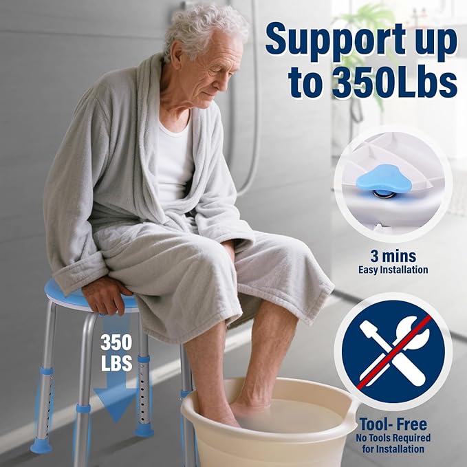 Shower Chair Shower Seat for Inside,Bath Chair for Elderly and Disabled,Tool-Free Assembly, Adjustable Height (13.75"-20.5"), 360° Swivel, Anti-Slip Feet - Supports 350lbs