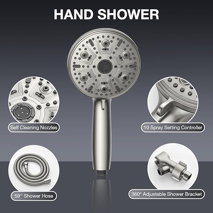 Handheld Shower Head 10 Mode Shower Heads High Pressure Shower Head Handheld with Brass Swivel Ball Bracket Showerheads & Handheld Showers Brush Nickel