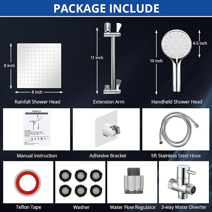 Shower Head, 8 Inch High Pressure Rainfall Shower Head/Handheld Shower Combo with 11 Inch Extension Arm, 9 Settings Adjustable Anti-leak Shower Head with Holder/Hose, Height/Angle Adjustable