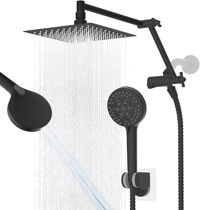 All Metal Rain Shower Head with Handheld Spray Combo, 8” High Pressure Rainfall Shower Head with 16" Shower Extension Arm, 10-Spray Handheld Showerhead Powerful Wash, Brass 3-Way Diverter, MatteBlack