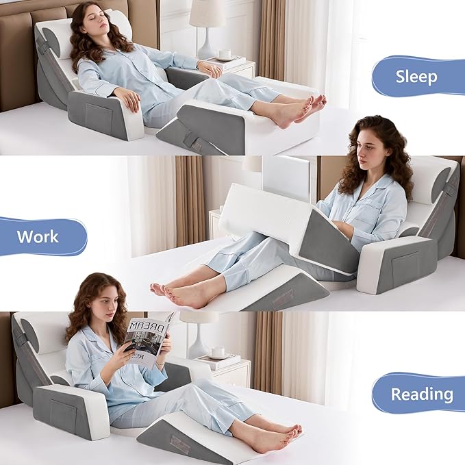 Yojoker 9PCS Orthopedic Bed Wedge Pillow Set for Sleeping, Back and Leg Pain Relief, Post Surgery Foam Pillow for Body, Triangle Adjustable Support Pillow - Acid Reflux Sleeping Pillows Grey