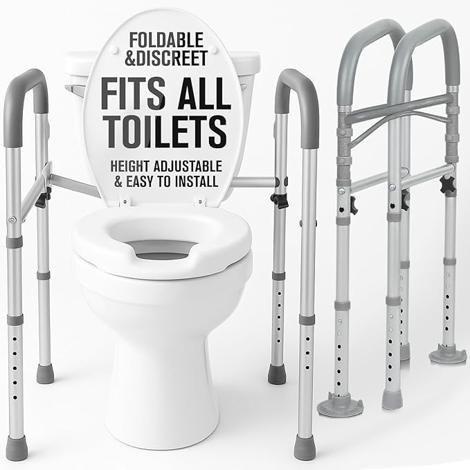 Vive Toilet Safety Rail - Medical Chair for Handicapped & Seniors - Folding Bathroom Frame w/Handles, Arms for Elderly, Disabled - Standalone Grab Bar - Seat Assistance Support Stand Up Assist