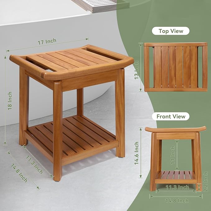 17" Teak Shower Chair with Storage Shelf & Handle, Non-Slip Waterproof Wooden Shower Bench, Stable Bathroom Seat and Heavy Duty Shower Stool for Tub or Indoor Use, Ideal for Elderly, Recovery