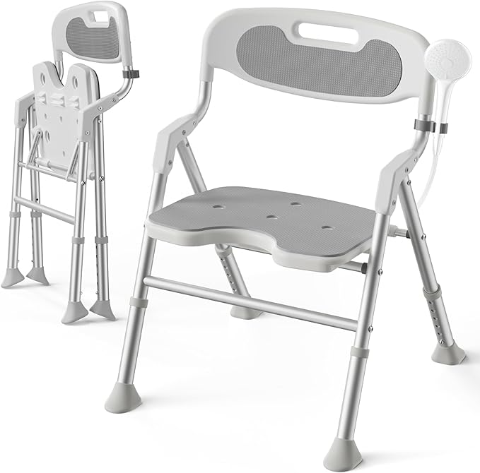 Folding Shower Chair for Inside Shower with Arms and Back, 400 LBS Foldable Bath Seat for Elderly Seniors & Disabled, Heavy Duty Portable Shower Stool with U-Shape Cutout & 6-Level Height (Gray)