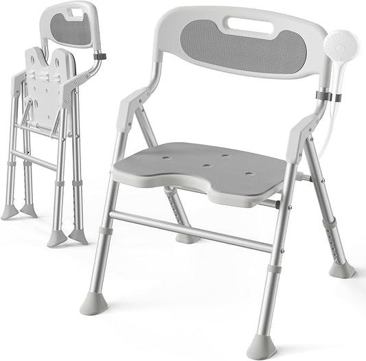 Folding Shower Chair for Inside Shower with Arms and Back, 400 LBS Foldable Bath Seat for Elderly Seniors & Disabled, Heavy Duty Portable Shower Stool with U-Shape Cutout & 6-Level Height (Gray)