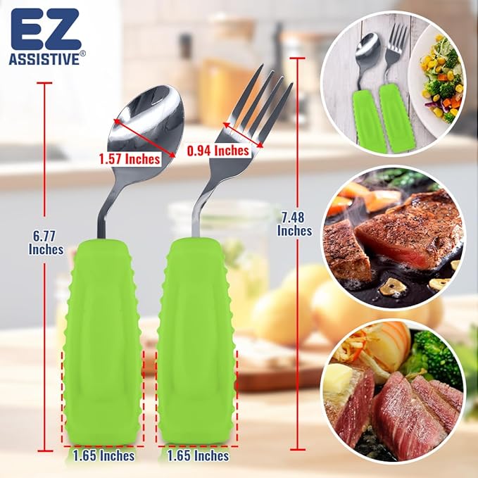Adaptive Utensils, Weight Utensils for Tremors and Parkinson Patients, Utensil Set Spoon and Fork for Elderly (Left Hand - 1 Set Green Spoon and Fork)