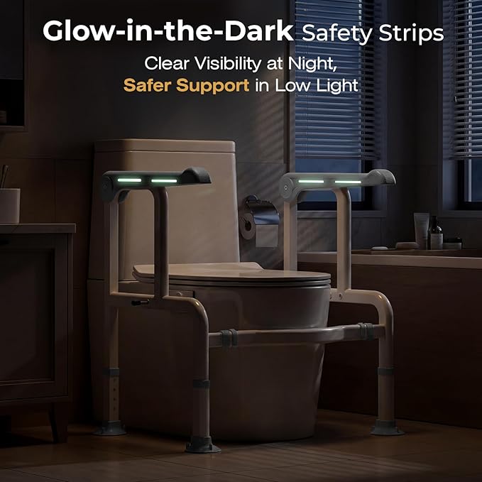 Toilet Safety Rails for Elderly & Disabled with Glow-in-the-Dark Handles, 450 lbs Heavy-Duty Frame, Flip-Up Arms, Dual Lock (Suction & Clamp), Adjustable No-Wobble Support, Grey