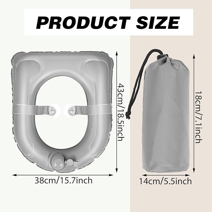 Gilprop Travel Toilet Seat Riser Inflatable Padded Toilet Seat for Seniors Portable PVC Bedside Commode Grey Raised Cushion with Suction Cup and Storage Bag for Elderly Recovery Senior Travel Camping