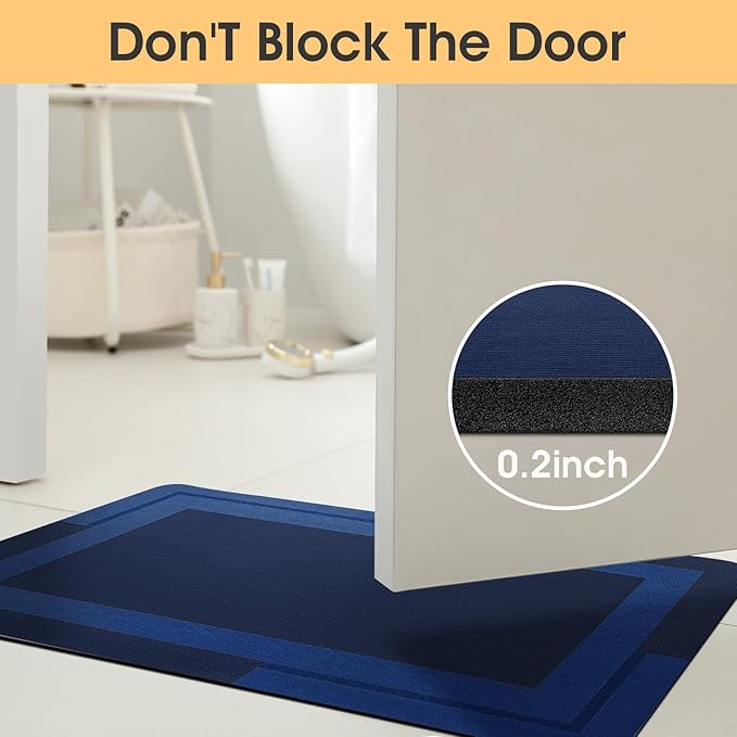 ACCUMTEK Non Slip Bath Mat, Thin Bathroom Rugs Fit Under Door, Quick Dry Bath Mats, Machine Washable Bath Rugs for Bathroom, Bathtub & Kitchen, Dark Blue/Bordered/24 x17+ 24"x20" Contour Rug