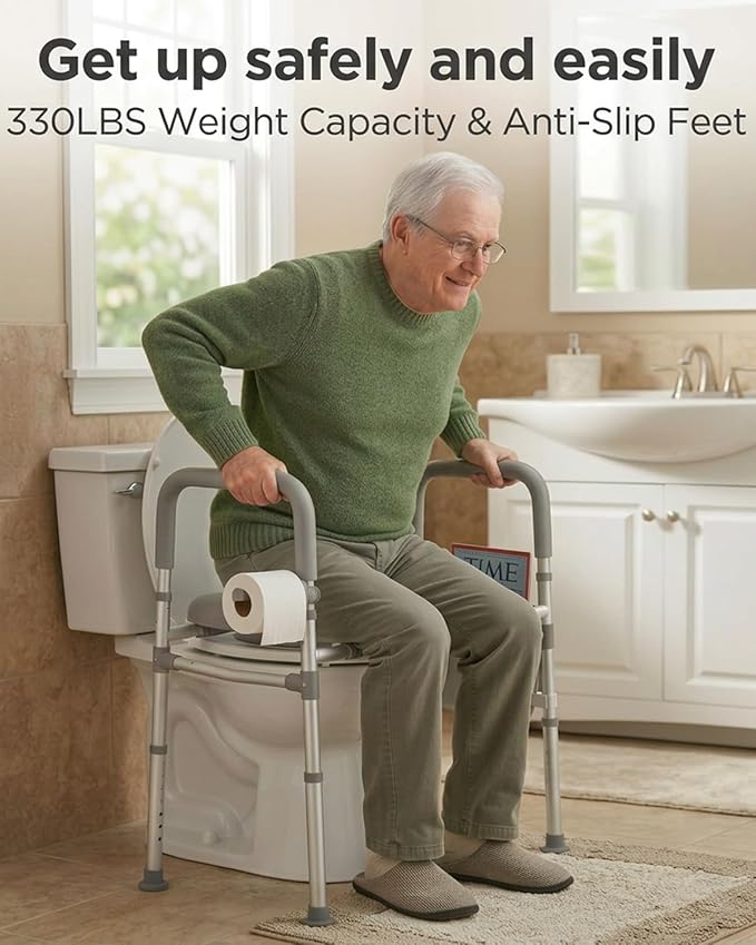 Toilet Riser Seat, Adjustable Height & Width, Aluminum Alloy Frame & Soft Leather Seat, Elderly Toilet Chair with Storage Shelf & Tissue Holder, Anti-Slip Feet, 330lbs Capacity for Seniors