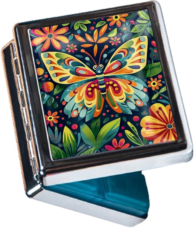 Metal Pill Organizer Box with Mirror – 8 Compartment Chrome Pill Case, Pocket-Size Travel Pill Container for Vitamins, Seniors, Daily Use (Playful Butterfly)