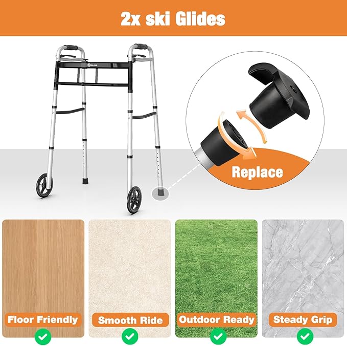 WHLICKS Folding Walkers for Seniors, Lightweight Aluminum Walker with 5'' Front Wheels and 2 Skis, Height Adjustable Standard Walker for Elderly and Disabled, Stable Frame up to 350 lbs