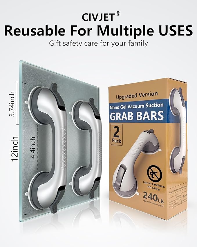 Shower Handles for Elderly Suction 2 Pack Grab Bars for Bathtubs and Showers, bar Safety 500 lbs Walls Handicap Heavy Duty Holder Hooks to Lift Large Tile Glass Suction Cups Tool Chair