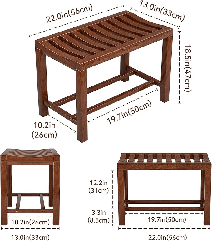 Rubber Wood Shower Bench, Non-Slip Waterproof Wooden Shower Stool for Adults & Elderly, Sturdy Bath Seat for Inside Shower or Tub – 24.02" D x 14.96" H x 6.3" W