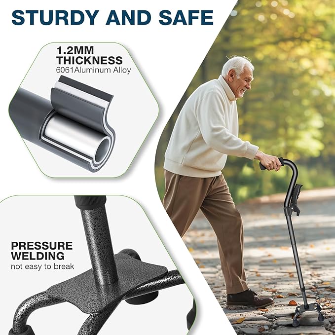 Ciavca Walking Canes for Women & Men, Adjustable Folding Quad Cane, Heavy Duty Walking Sticks Canes for Seniors Balance,Collapsible, Lightweight Self Standing Cane with 2nd Handle and 4-Pronged Base