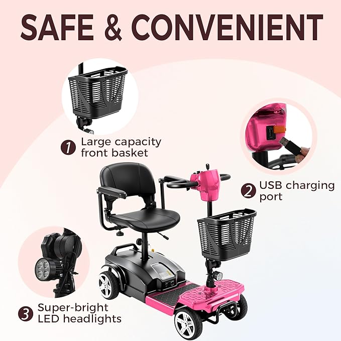 4 Wheel Mobility Scooter for Seniors & Adults 15 Mile Range, 6 MPH Powered Mobility Scooter with 300 lbs Capacity, Foldable Compact Mobility Scooter for Travel, Electric Wheelchair