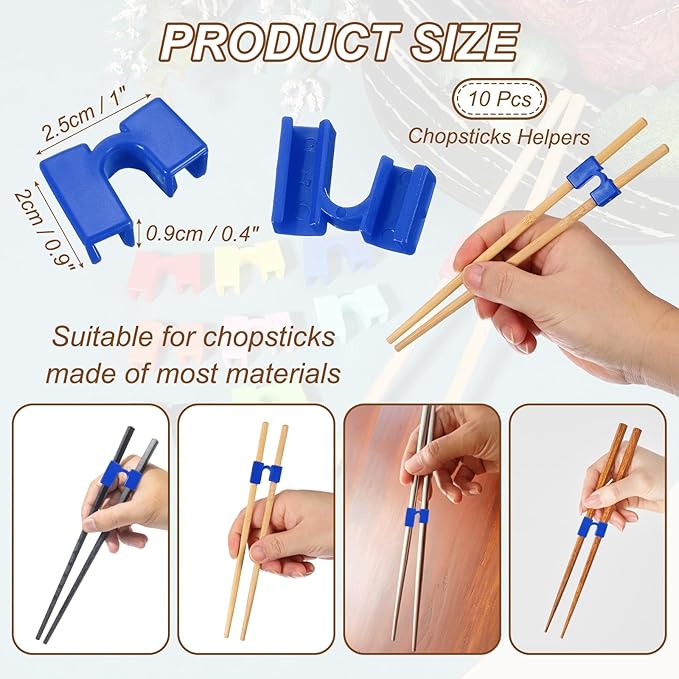 uxcell 10 Pcs Chopsticks Helper, Reusable Training Chopstick Hinges Connector Practice Chop Sticks Helpers for Adult Beginners Learners, Blue