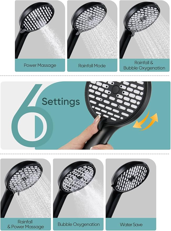 Cobbe 11.8 Inch Rain Shower Head with 6 Modes Handheld Water Spray，High Pressure Showerhead Combo with 11 Inch Adjustable Extension Arm, Black