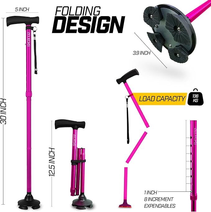 ZELECKS Walking Cane for Women & Men - Self Standing Adjustable Folding Cane with T Handle and 360 Pivot Base - Lightweight Foldable Walking Stick for Seniors - Collapsible Cane for Walking
