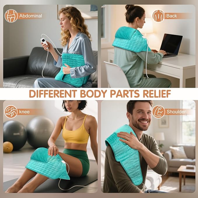 Heating Pad Back Pain Relief Electric Heating Pad for Period Cramps Lower Back Neck Shoulders Pain Relief 6-Hour Auto Off 12x24 Heated Pad + 20" Belt 4 Timer 6 Heat Level Wrap (Turquoise)