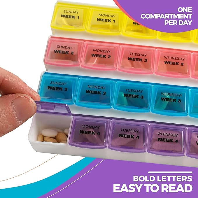 Monthly Pill Organizer - 28 Day Monthly Pill Planner to Separate Pills & Vitamins Week to Week, Travel Medication Reminder Daily Monday to Sunday Compartments, Case of 40
