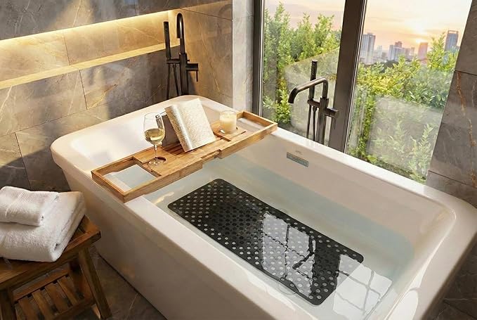 Nonslip Bathtub Mat Extra Soft TPE Bath Mat for Kids, Machine Washable Bathroom Shower Mat(Black/ 30L x 17W Inch)