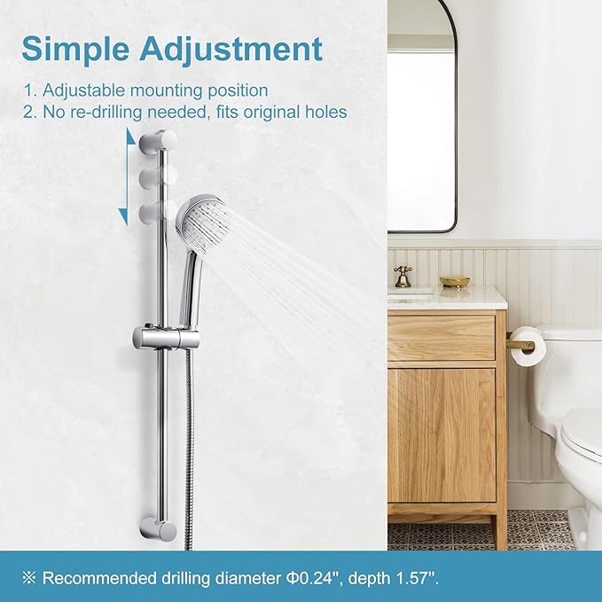 OFFO Shower Slide Bar Combo, Adjustable 27 in Slide Bar with 3-Mode Round Handheld Shower Head and 60 in Stainless Steel Hose, Screw Wall Mounted, Chrome Finish