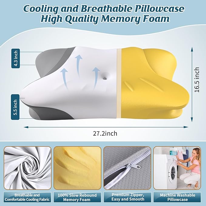 Cervical Neck Pillow for Pain Relief - Ergonomic Bed Pillow for Sleeping, Contour Orthopedic Memory Foam Pillows for Neck Support, Cooling Side Sleeper Pillow for Back Stomach Sleepers with Pillowcase