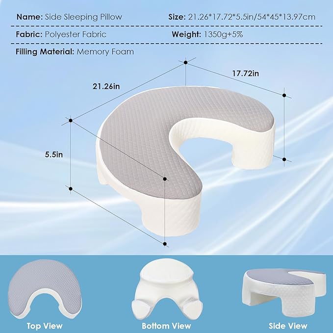 Side Sleeper Pillow for Adults, Ergonomic Memory Foam Pillow with Arm Hole for Neck, Rotator Cuff & Shoulder Pain Relief, Knee Pillow Between Legs, Shoulder Pillow Ideal for Left & Right Side Sleeper
