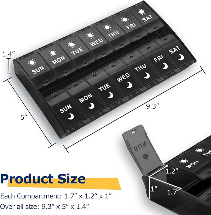 XL Large Weekly Pill Organizer 2 Times a Day, 7 Day AM/PM Pill Box with Hinged Lids & Secure Lock, Big Pill Box Holder Twice a Day, Medication Organizer for Vitamins, Supplements & Medication