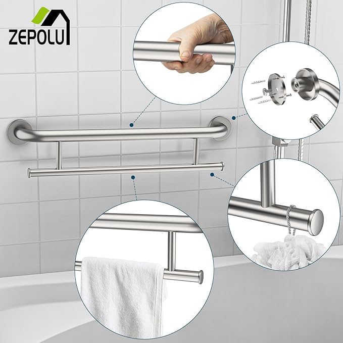 Brushed Nickel Towel Grab Bar 24 Inch - 1.25” Diameter, Zepolu Stainless Steel Safety Bar w/Towel Holder, Shower Assist Balanced Support Handle, Wall Mounted Bathroom Grab Rail for Senior Elderly