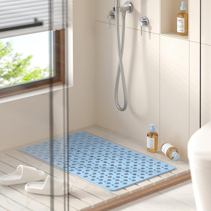 HITSLAM Bathtub Mat Non Slip, 28 x 15 Inch TPE Bath Mat for Tub, Efficient Drainage Bathroom Shower Mat with Suction Cups, Bath Tub Mat, Soft on Feet and Easy to Clean, Blue