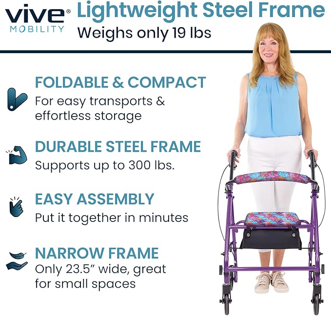 Vive Mobility Steel Rollator Walker with Seat - Foldable, Narrow, Rolling Senior Walker for Small Spaces - 4 Wheel Lightweight Adult Easy Drive with Underseat Storage, Adjustable Height (Black)