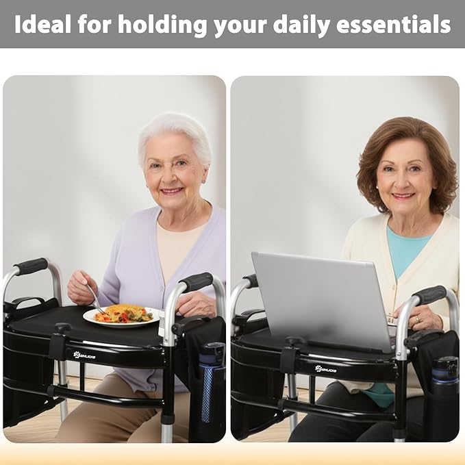 Folding Walker with Tray, 5" Wheels Lightweight Walkers for Seniors and Adults, Supports Up to 350 Pounds, Adjustable Height, Compact Standard Walker, Black