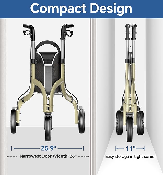 SOUNDFUSE 3 Wheel Walkers for Seniors, Lightweight Foldable Aluminum Rollator Walker, Height Adjustable Three Wheel Walker, Champagne