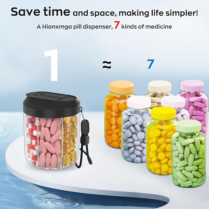 Hionxmga Pill Bottle Organizer with 7 Large Compartments, Pill Dispenser for Travel, Supplement Organizer with Anti-Mixing Design, BPA-Free Pill Container with 20 Pcs Labels, Black
