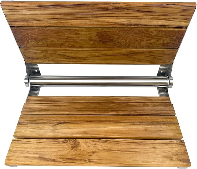 Teak Shower Seat Bench with Back - Wall Mounted Fold Up Shower Seat, Waterproof Folding Teak Bath Chair for Seniors, 304 Stainless Steel, with 300 lbs Capacity - 18" Length, Brushed Stainless Finish