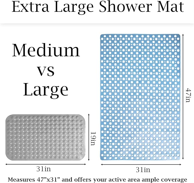 Tiamo Extra Large Shower Mat Non Slip,47 * 31 Inch Bathtub Mat for Shower with Big Suction Cups,Oversized Anti Slip Bath/Shower Mats for Inside Outside Shower,Perfect for Elderly, Blue