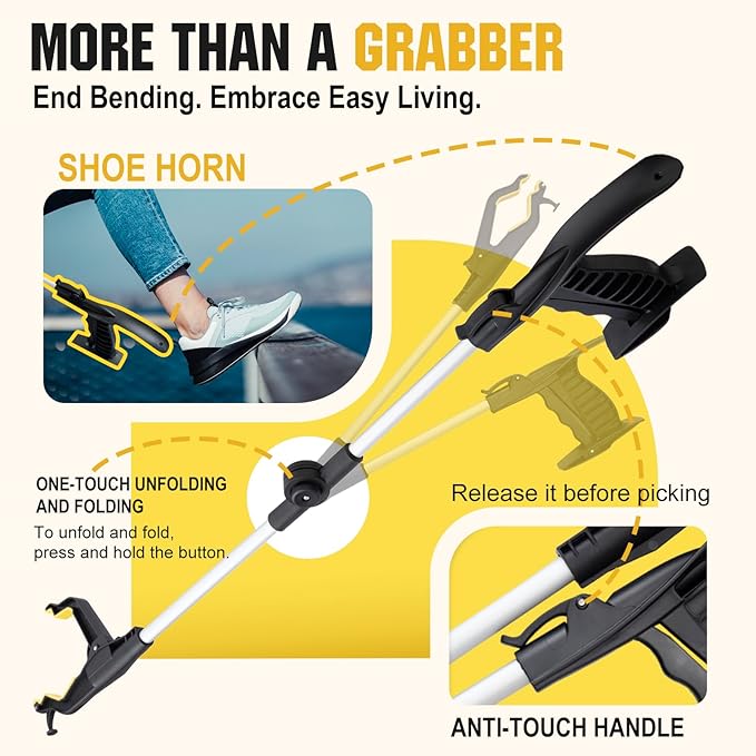 32" Grabber Reacher Tool,2-Pack Foldable Reacher Grabber Pickup Tool with Shoehorn,Trash Picker Upper Grabber,Bend-Free Gifts for Seniors
