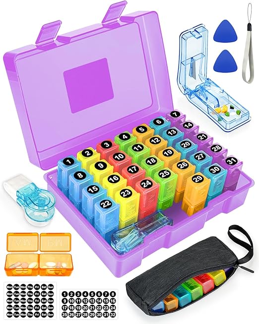 Monthly Pill Organizer 2 Times a Day, FRIWOLE Medicine Box with Portable Weekly Pill Bag, Pill Taker Remover, Pill Cutter and 2 Sticker (Purple, 2 Times a Day)