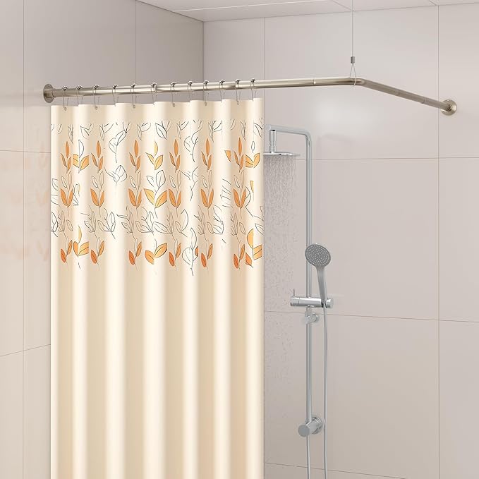 L Shaped Corner Shower Curtain Rod, 24" - 37" x 24" - 37" Adjustable 90 Degree Curved Bathroom Rod Square Rail No Sag with 12 Hooks & Ceiling Support - Silver