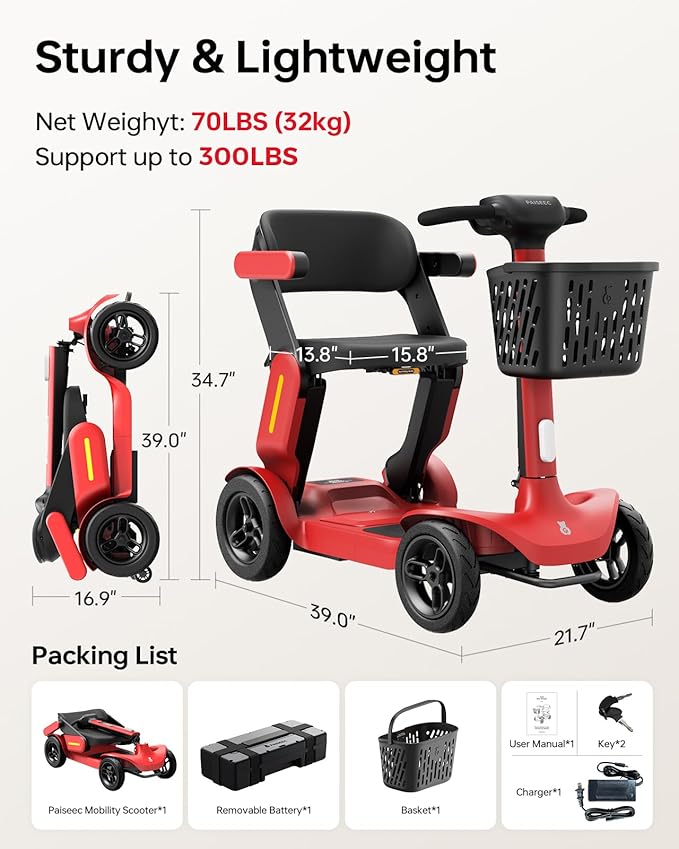 Paiseec Mobility Scooter for Adult, 25 Miles Endurance Lightweight Mobility Scooter, Folding Mobility Scooter for Adult, Powered Mobility Scooter All Terrain Motorized Scooter Collapsible