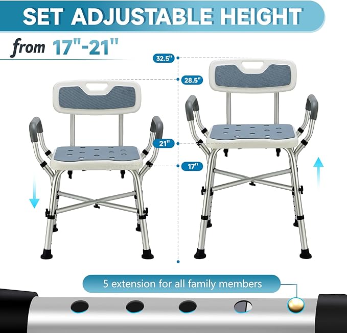 Shower Chair for Inside Shower, 600 lbs Heavy Duty Shower Chair for Elderly and Disabled, Height Adjustable Shower Chair with Arms and Back, Bath Chairs for Seniors, Adults, Handicap