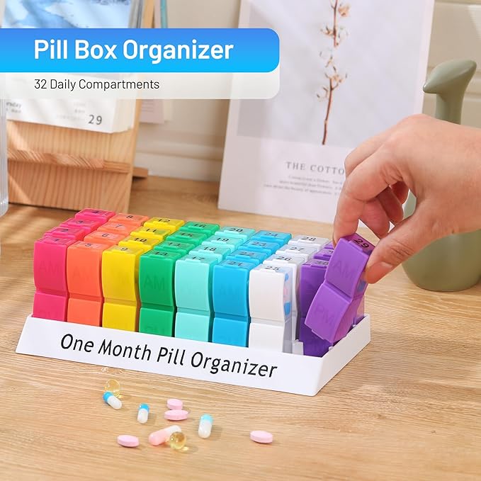 CAidRE Ultra-Compact Monthly Pill Organizer AM PM, 31 Day Pill Box 2 Times a Day for Small Pills, Portable Travel Vitamin Case with Detachable Daily Compartments, DIY Number Labels, Frosted Matte