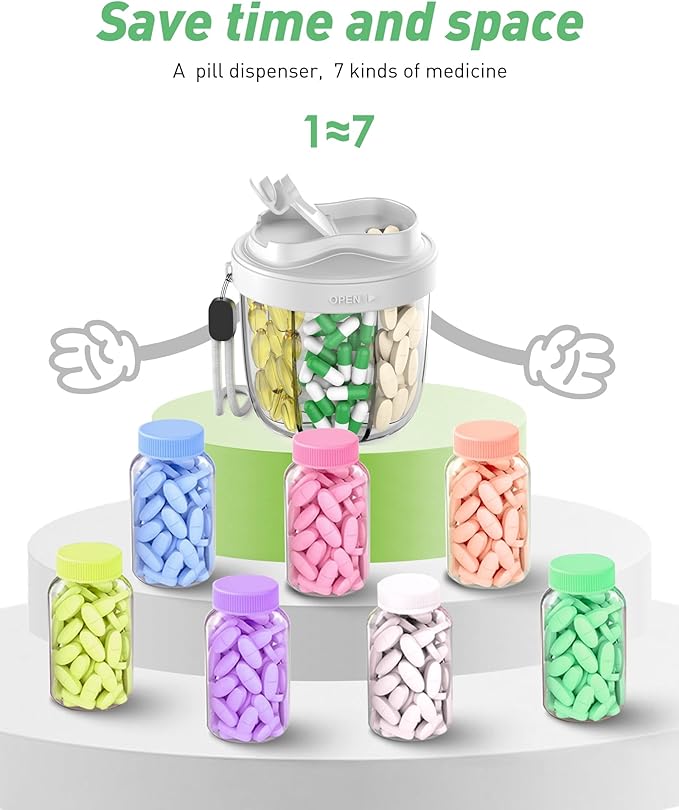 Pill Organizer,Pill Dispenser with 7 Large Compartments,Portable Pill Box for Travel, Anti-Mix Design & Wide Opening Design, Easy Access to Vitamin Dispenser, Includes 20 Blank Stickers（Grey）